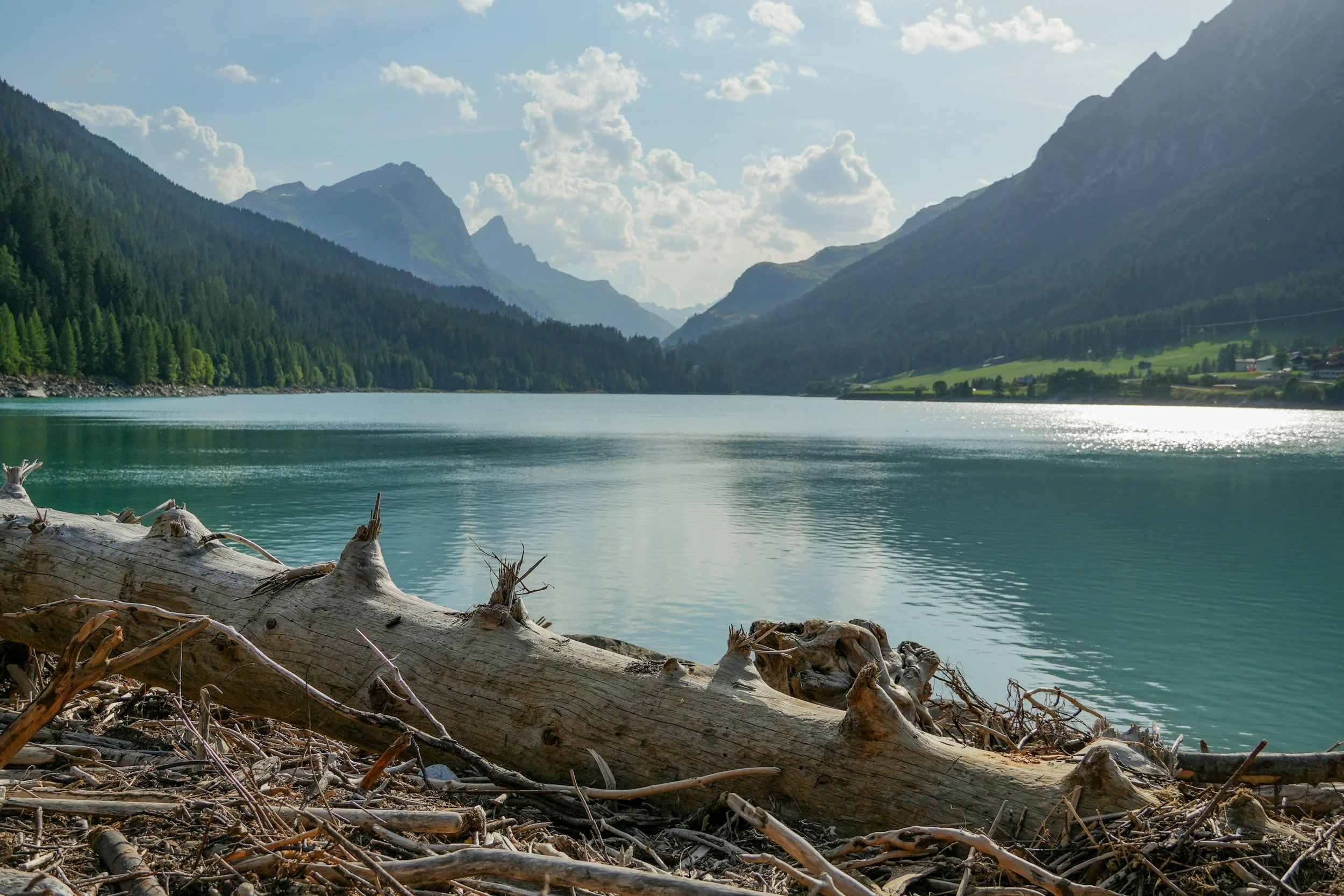 A serene lake surrounded by green mountains with a fallen log and sticks in the foreground, under a partly cloudy sky.