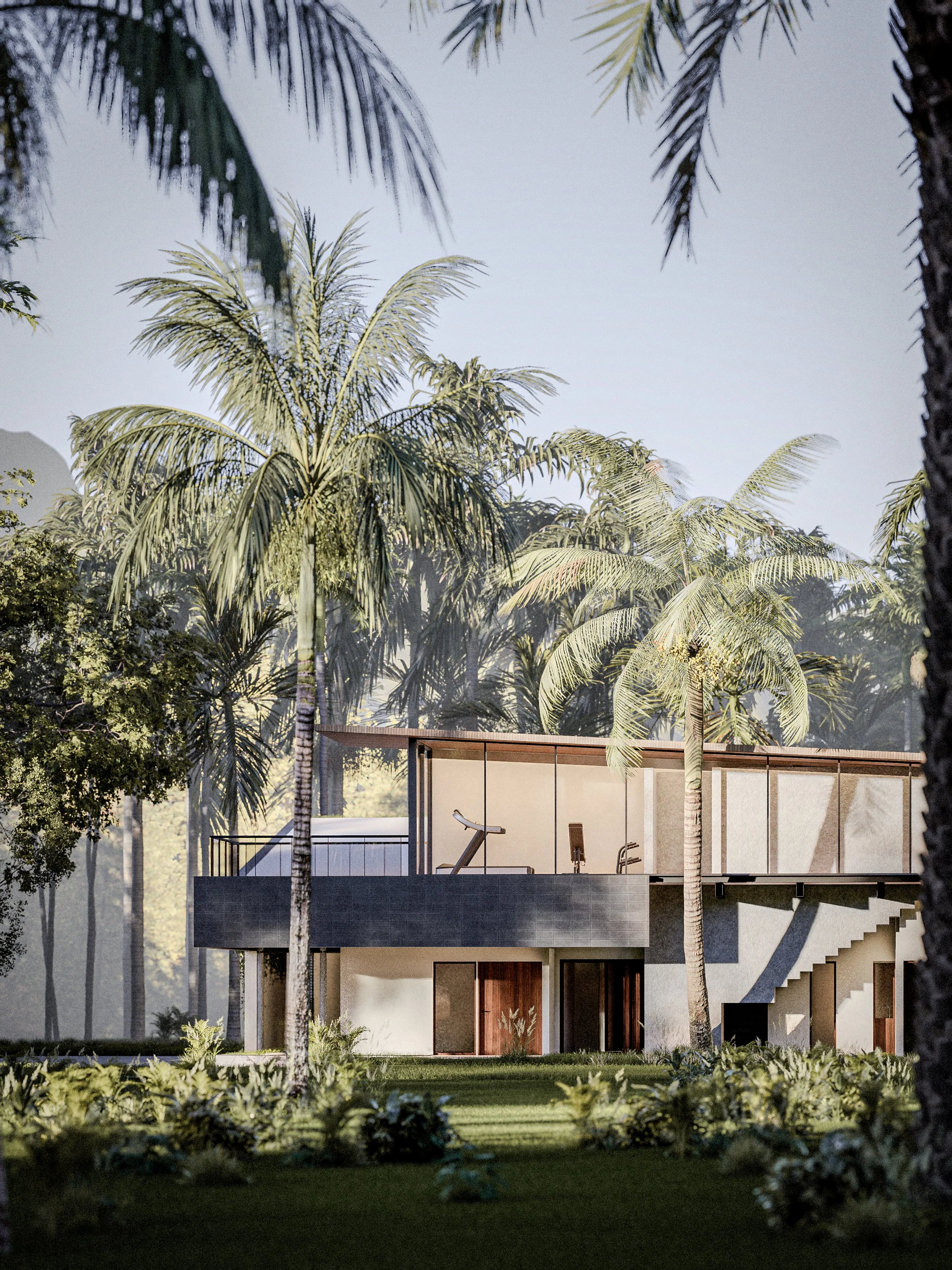 Modern house surrounded by palm trees and lush greenery, with outdoor exercise equipment on the upper balcony.