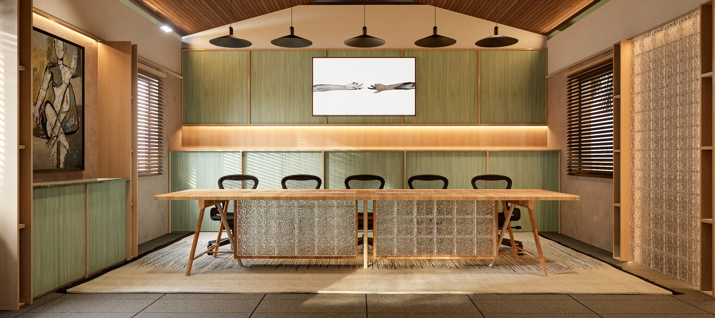 Modern conference room with a wooden table, six chairs, green and wood-paneled walls, abstract artwork, window blinds, and a large wall-mounted display screen.