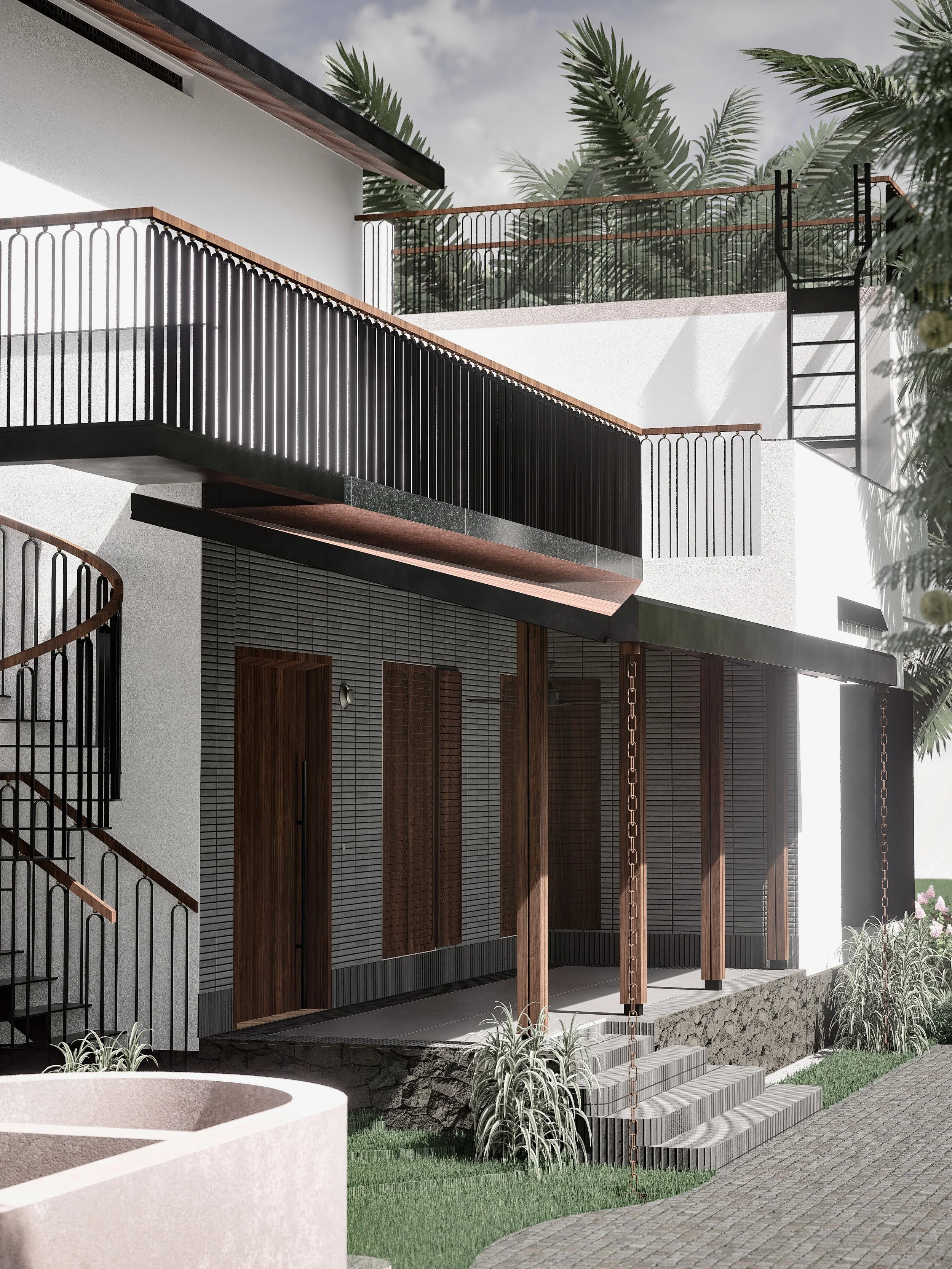 Modern house with outdoor staircase and balcony, surrounded by greenery.