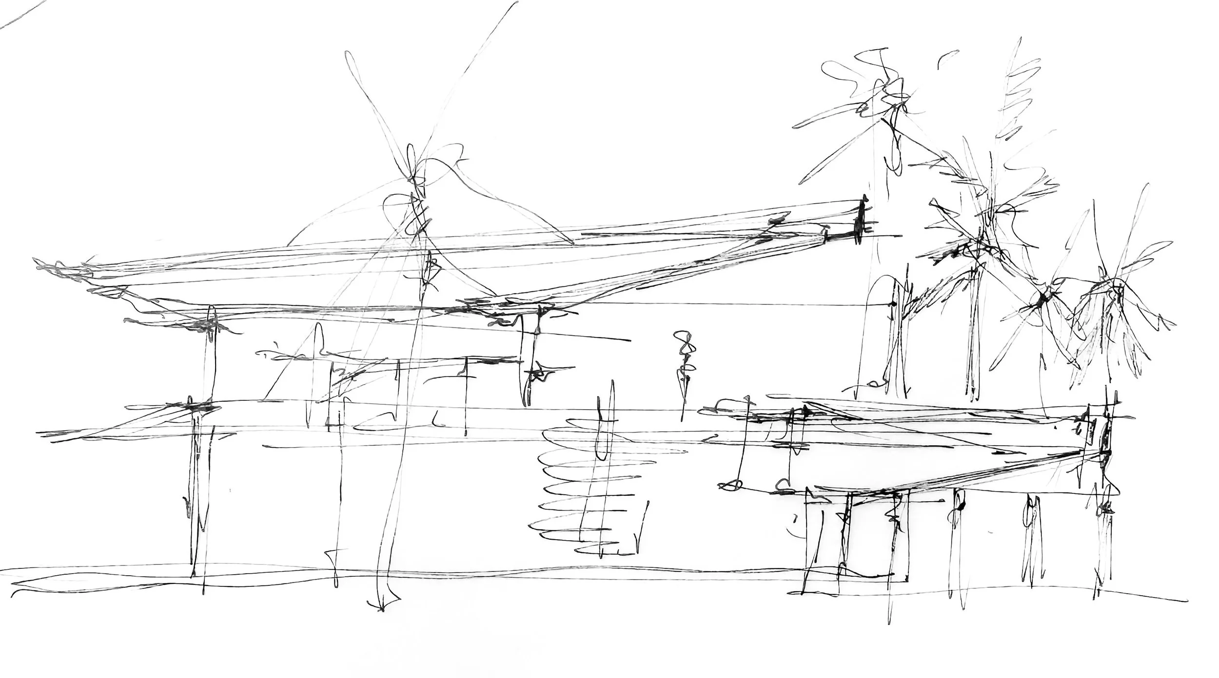 A minimalistic sketch of a residential house with multiple levels, trees, and outdoor stairs.