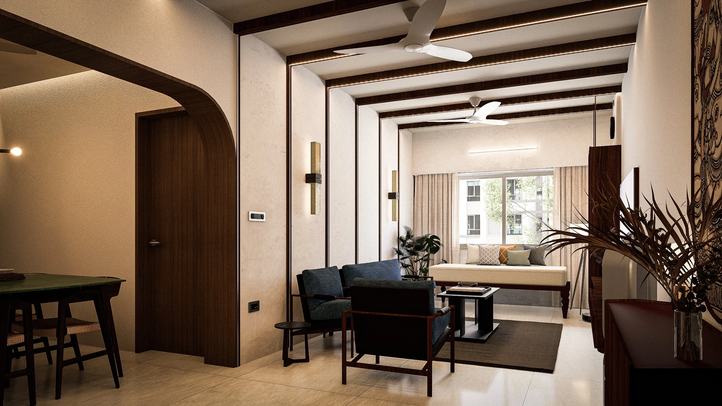 A modern living room with beige walls, wooden accents, and large windows with curtains. It features a blue couch, black coffee table, chairs, indoor plants, and wall lighting. A window seat with pillows is visible at the back.