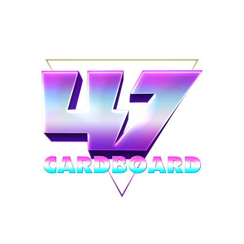 A stylized logo featuring the number '47' in purple and blue gradient with a neon glow, and the word 'CARDBOARD' in bold purple letters below.