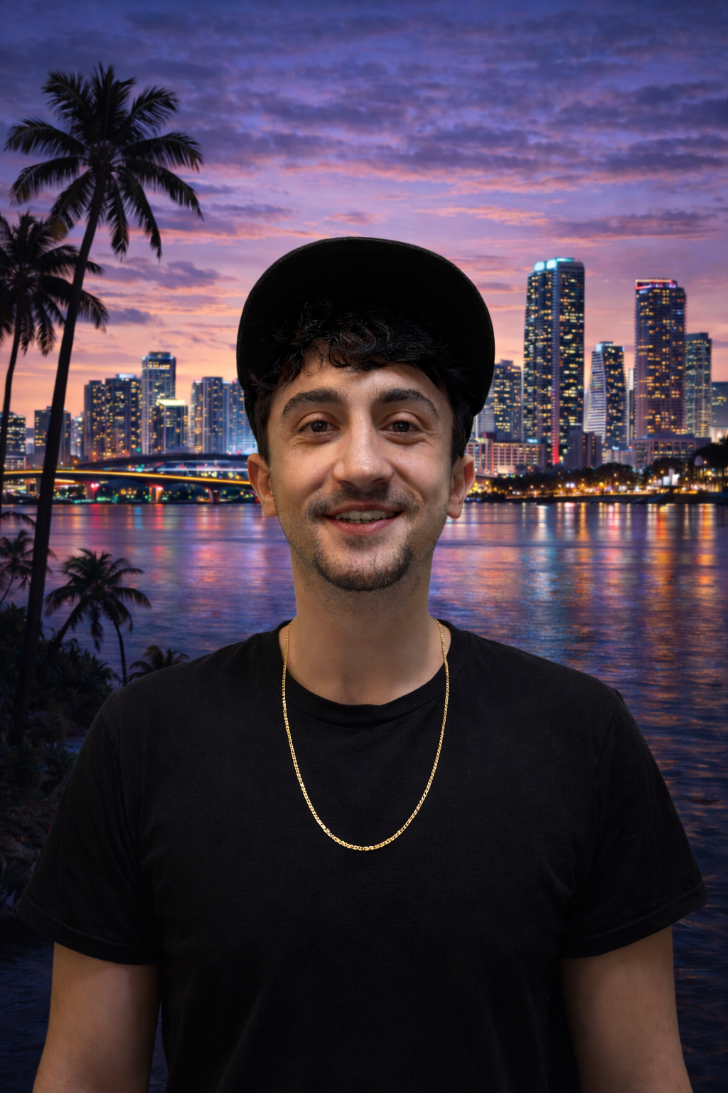 A smiling man wearing a black t-shirt, a black cap, and a gold chain, standing in front of a vibrant city skyline at sunset with tall buildings, a bridge, and palm trees reflected in the water.