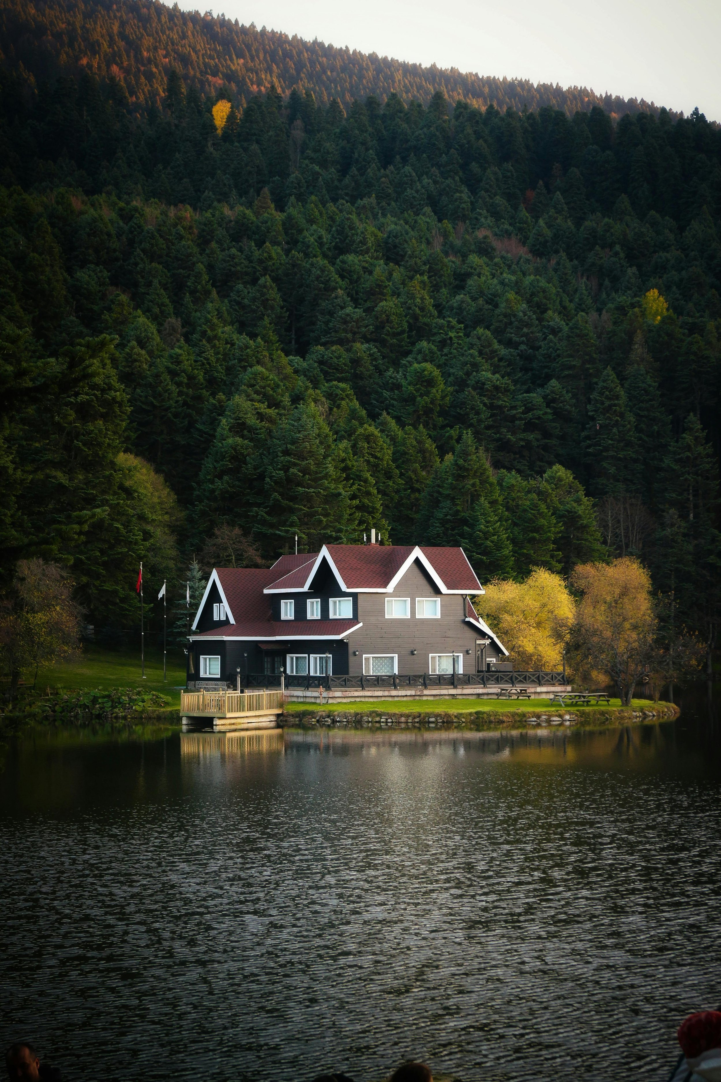 A house by a calm lake with trees and a mountain backdrop.