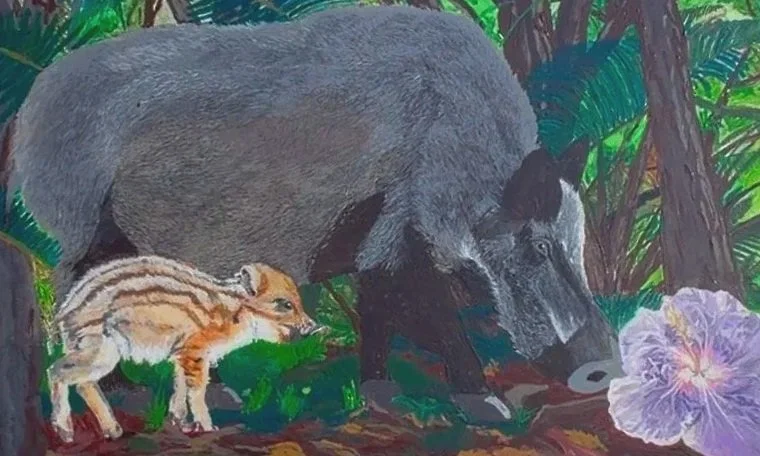 Boars and Hibiscus Original