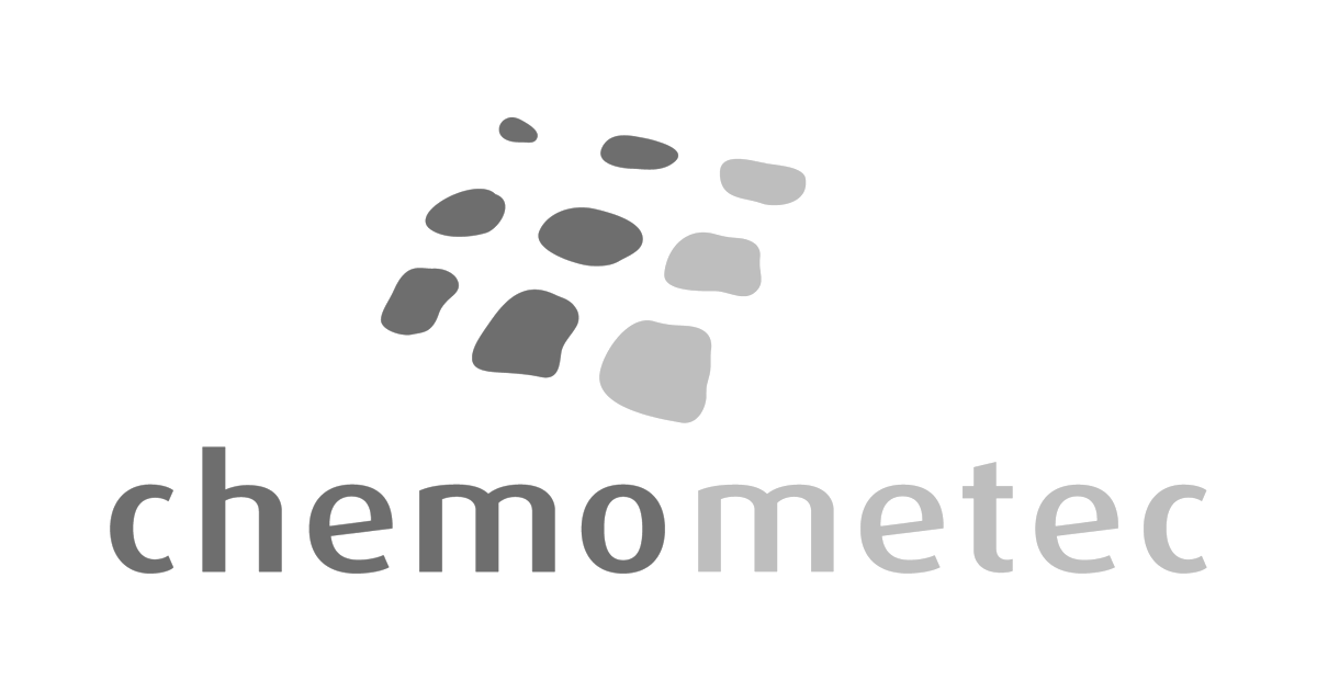 Grayscale logo with the word 'Chemostec' and a design of irregular shapes above it.
