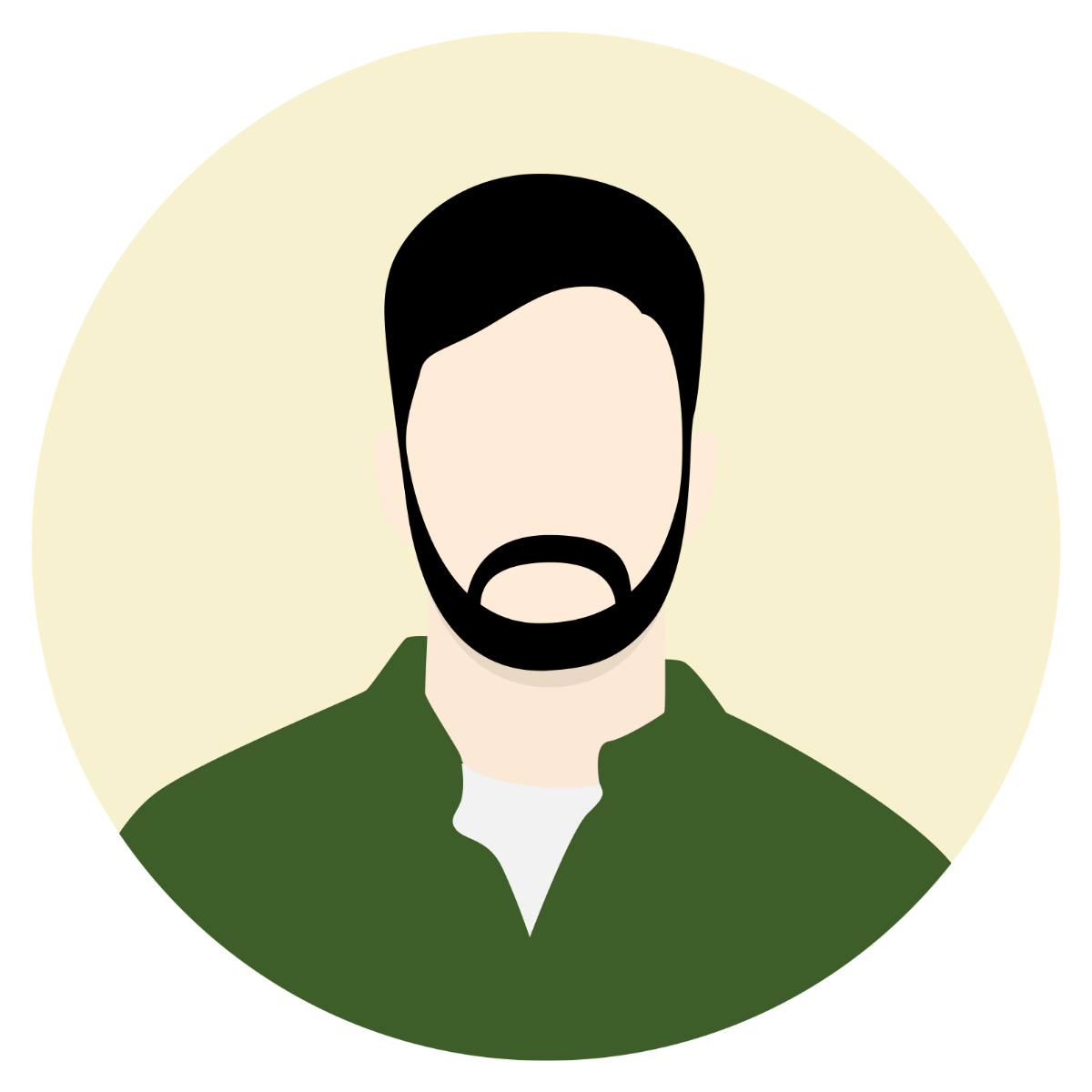 Minimalist illustration of a man with dark hair, beard, wearing a green jacket and white shirt, with no facial features, set against a light beige circular background.