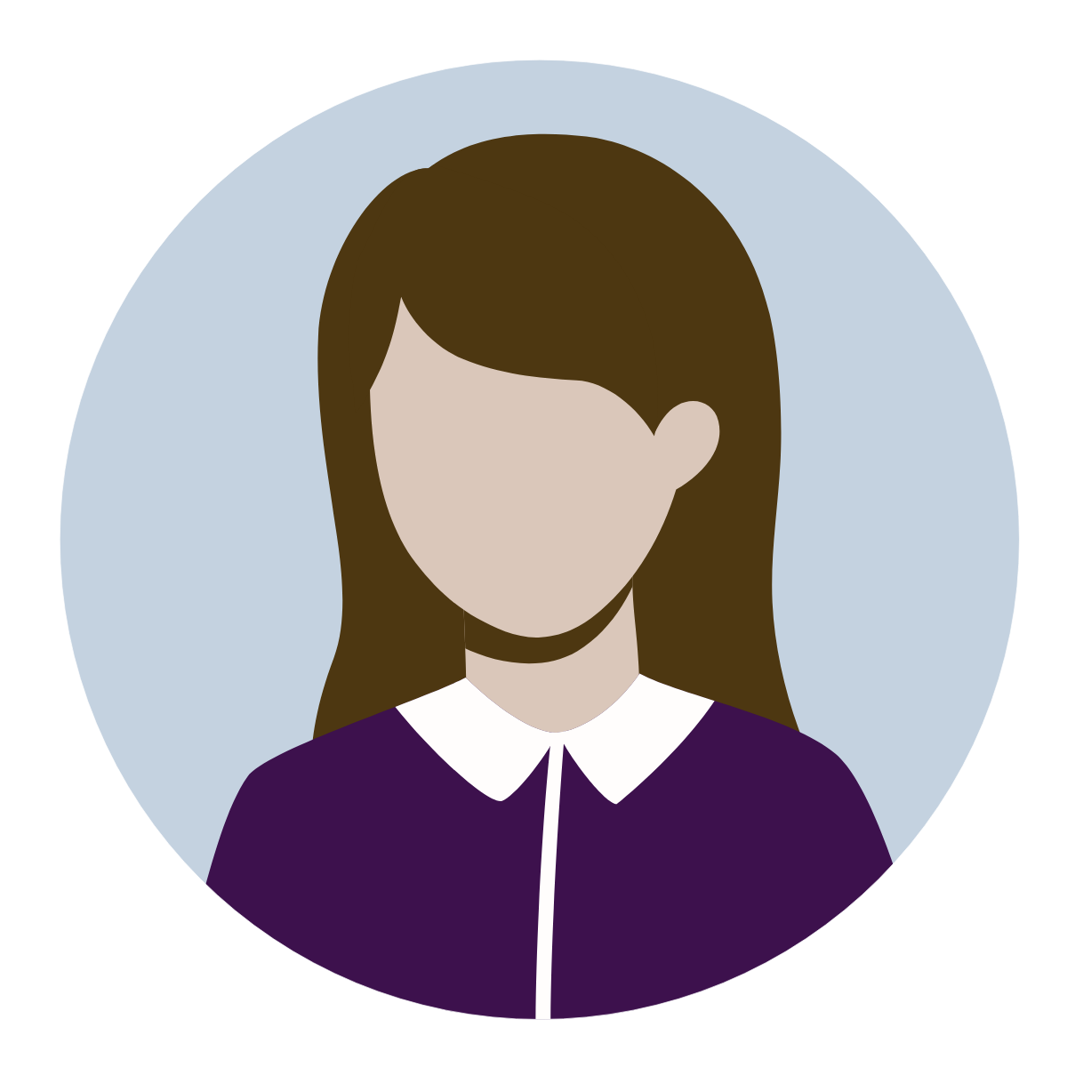 Illustration of a faceless woman with brown hair, wearing a purple top with a white collar, against a light blue circular background.