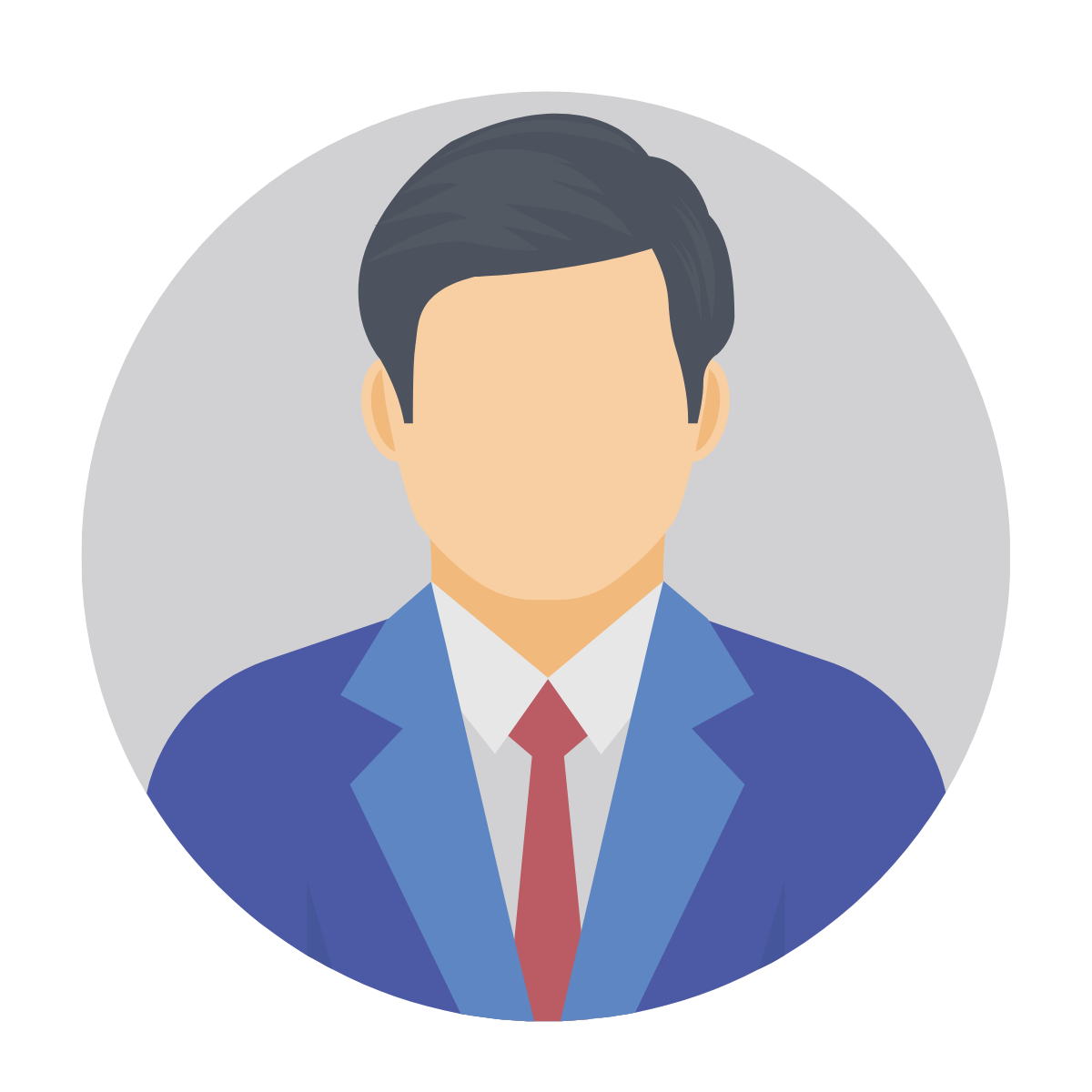 Digital illustration of a faceless man in a blue suit, white shirt, and red tie, against a gray circular background.