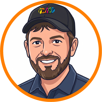 Cartoon of a smiling man with a beard wearing a black cap with colorful text and a dark blue shirt, surrounded by an orange circle.