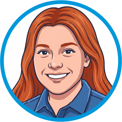 Illustration of a smiling woman with long red hair, wearing a blue shirt, against a blue background.