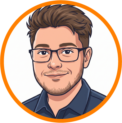 Cartoon illustration of a young man with brown hair, glasses, light facial hair, smiling, wearing a dark shirt, with an orange circular background.
