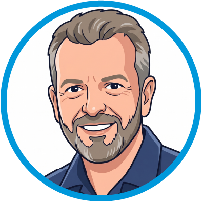 Cartoon illustration of a smiling man with a beard and short hair, wearing a dark shirt, against a blue background.