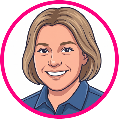A smiling woman with shoulder-length blonde hair wearing a blue collared shirt, illustrated in a cartoon style on a pink background.
