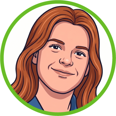 A smiling woman with long reddish-brown hair inside a green circular border.