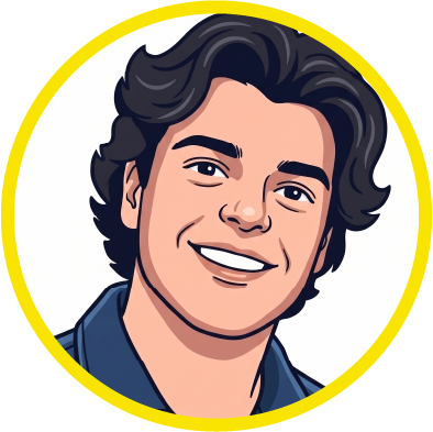 A cartoon illustration of a young man with dark, wavy hair, smiling, wearing a dark shirt, on a yellow background with a white circle.