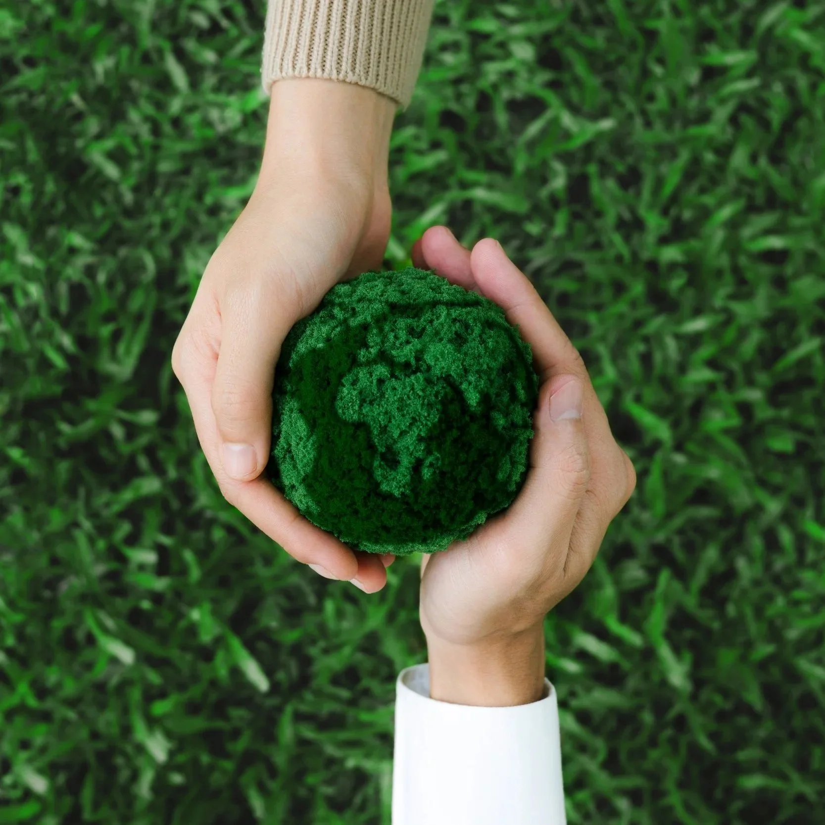 Close-up of a hand holding a green cleaning sponge with a textured surface, against a backdrop of lush green grass.
