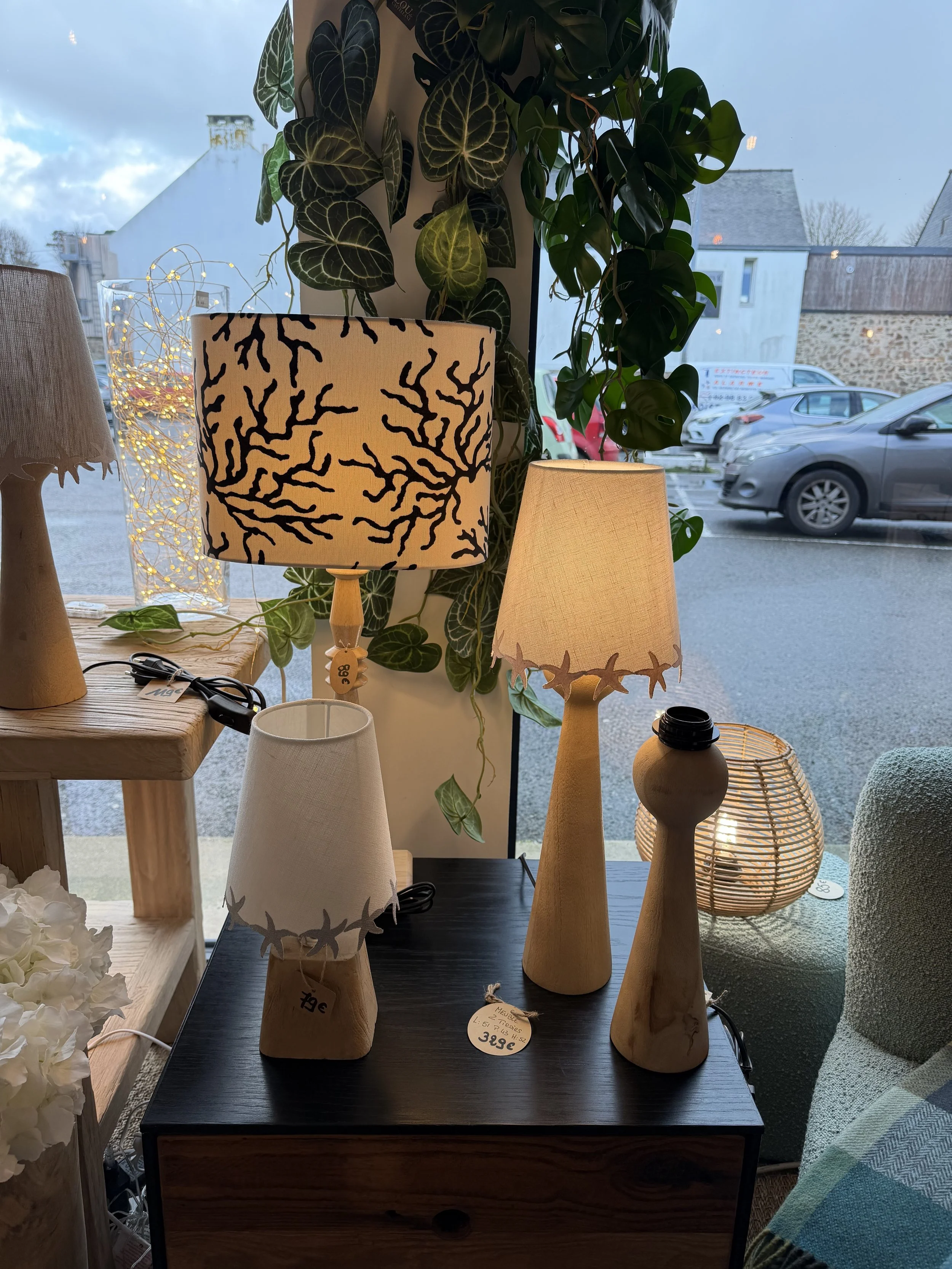 Lampe de table en bois avec abat-jour en tissu beige, lampes décoratives à abat-jour en tissu avec motifs de coraux et étoiles de mer, petit vase en bois. Présence de plantes vertes en arrière-plan et de décoration lumineuse derrière la fenêtre. Scen