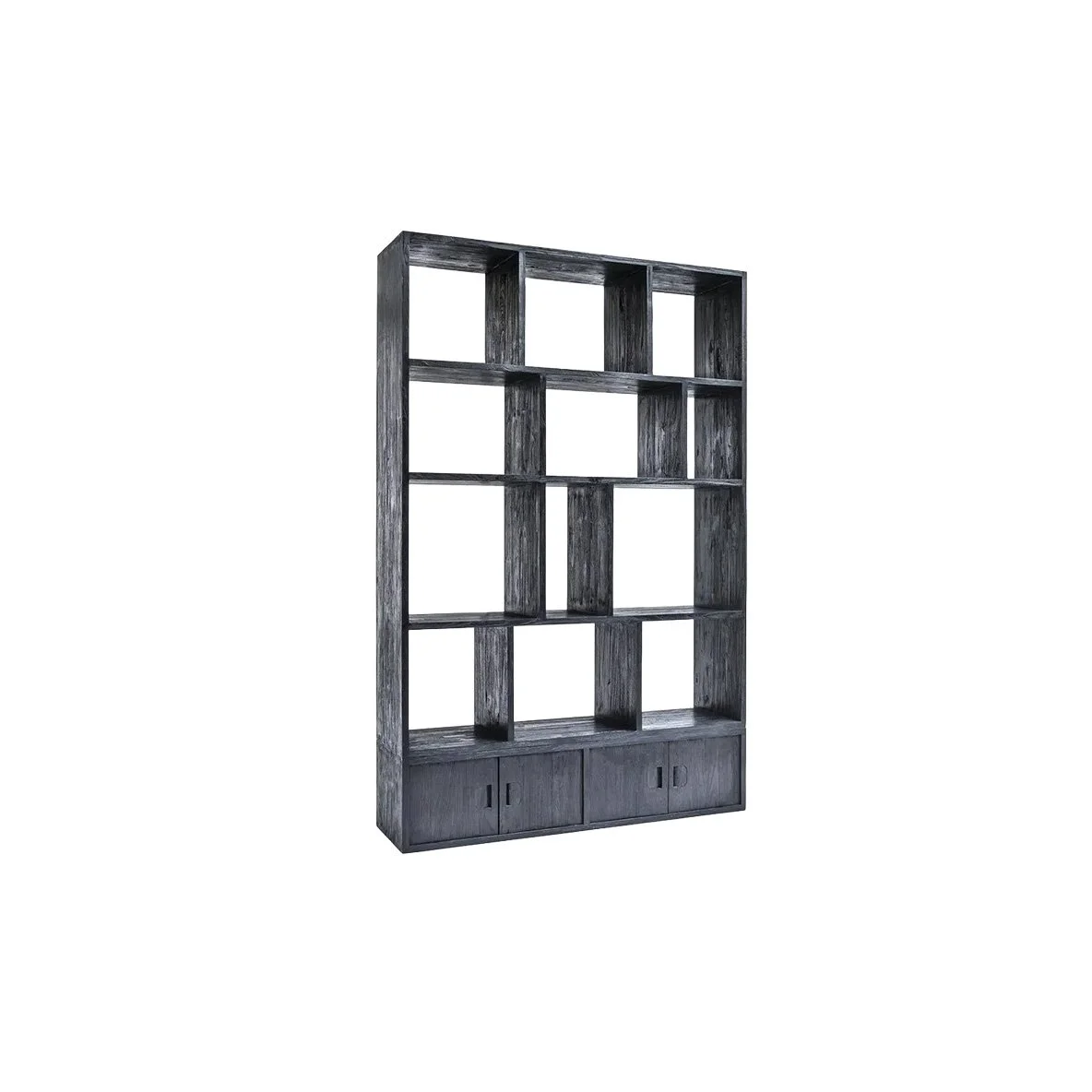 Une étagère en bois gris avec plusieurs compartiments et des portes en bas.