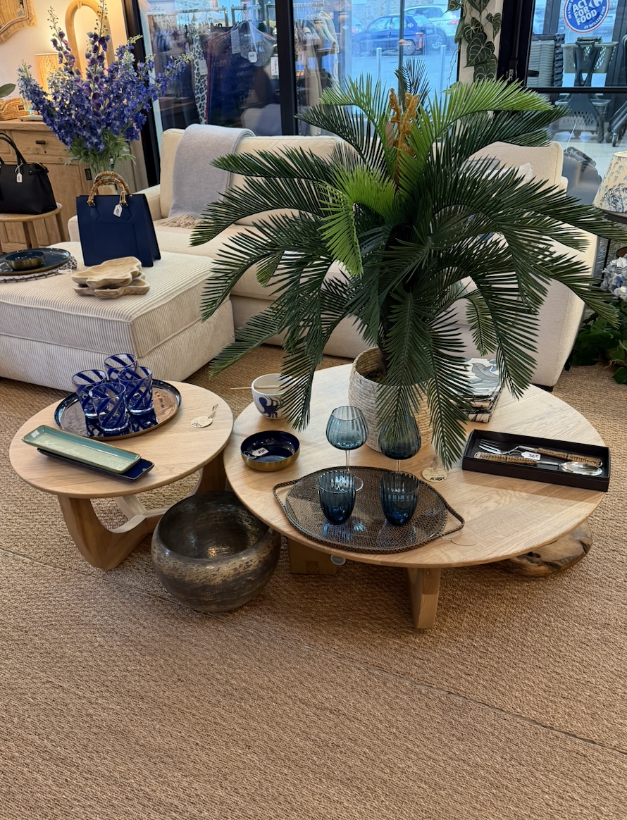 Une table basse en bois avec une grande plante verte, plusieurs verres bleus, une tasse, un plat, un plateau, un bol, et une boîte à couverts en métal. En arrière-plan, un canapé beige avec des objets décoratifs et des fleurs violettes.