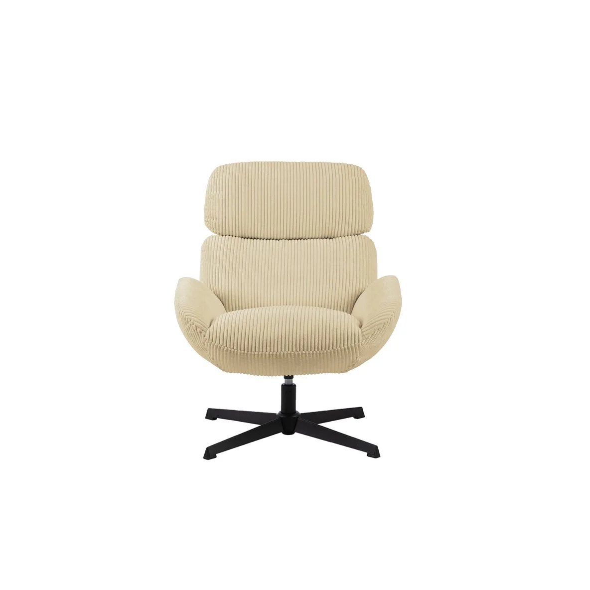 Fauteuil de bureau beige avec dossier rembourré en tissu côtelé et base noire à roulettes.