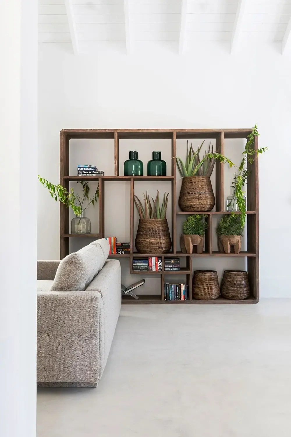 Étagère en bois avec des plantes en pot, des livres et des décorations, en face d'un canapé beige dans un salon moderne.