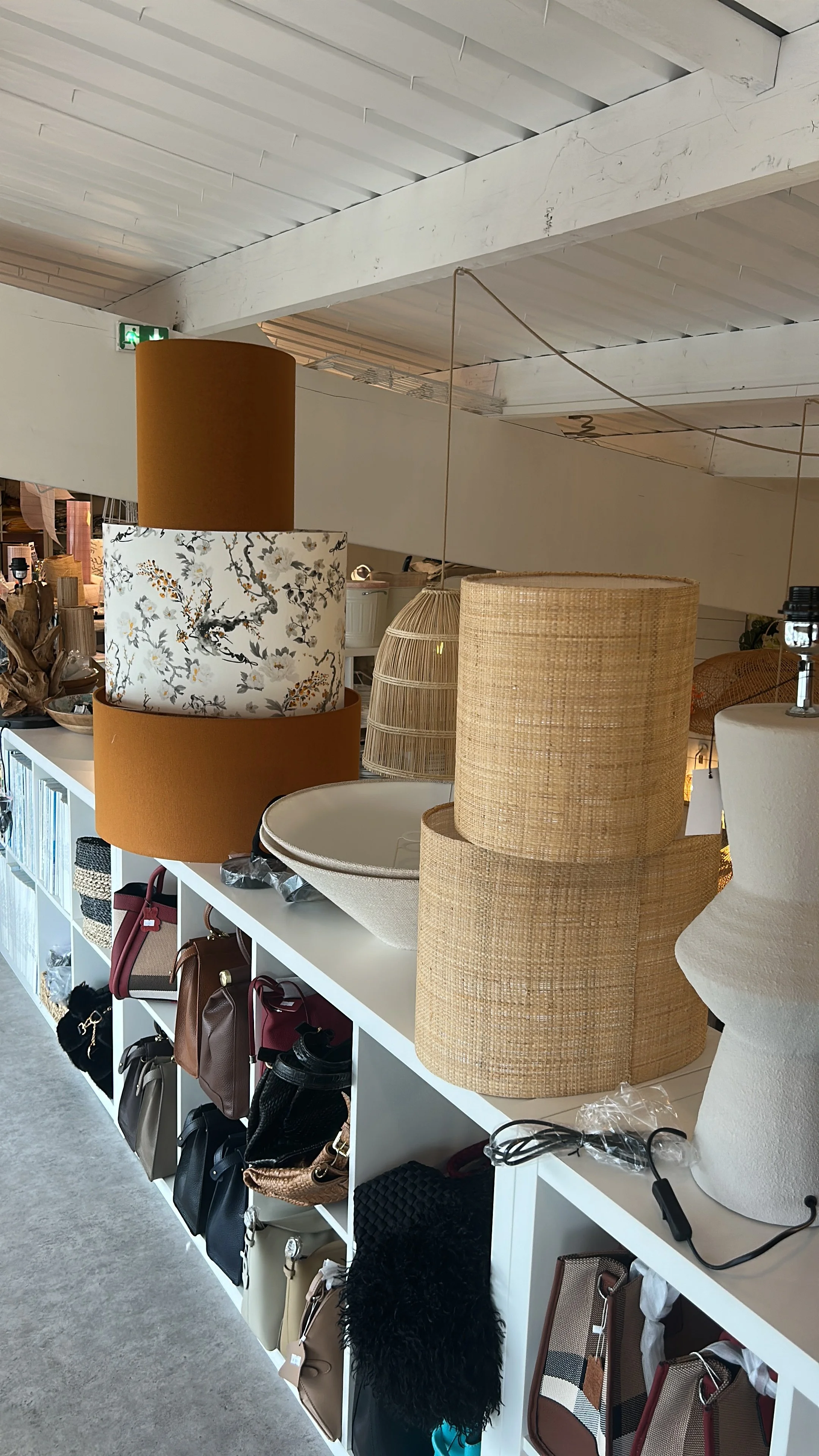 Sélection de lampes et de sacs dans une boutique de décoration