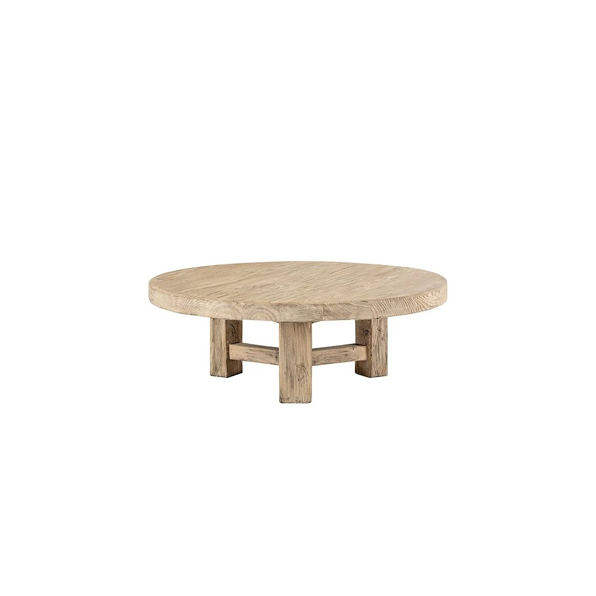 Table basse en bois naturel, rond, avec base robuste à quatre pieds.