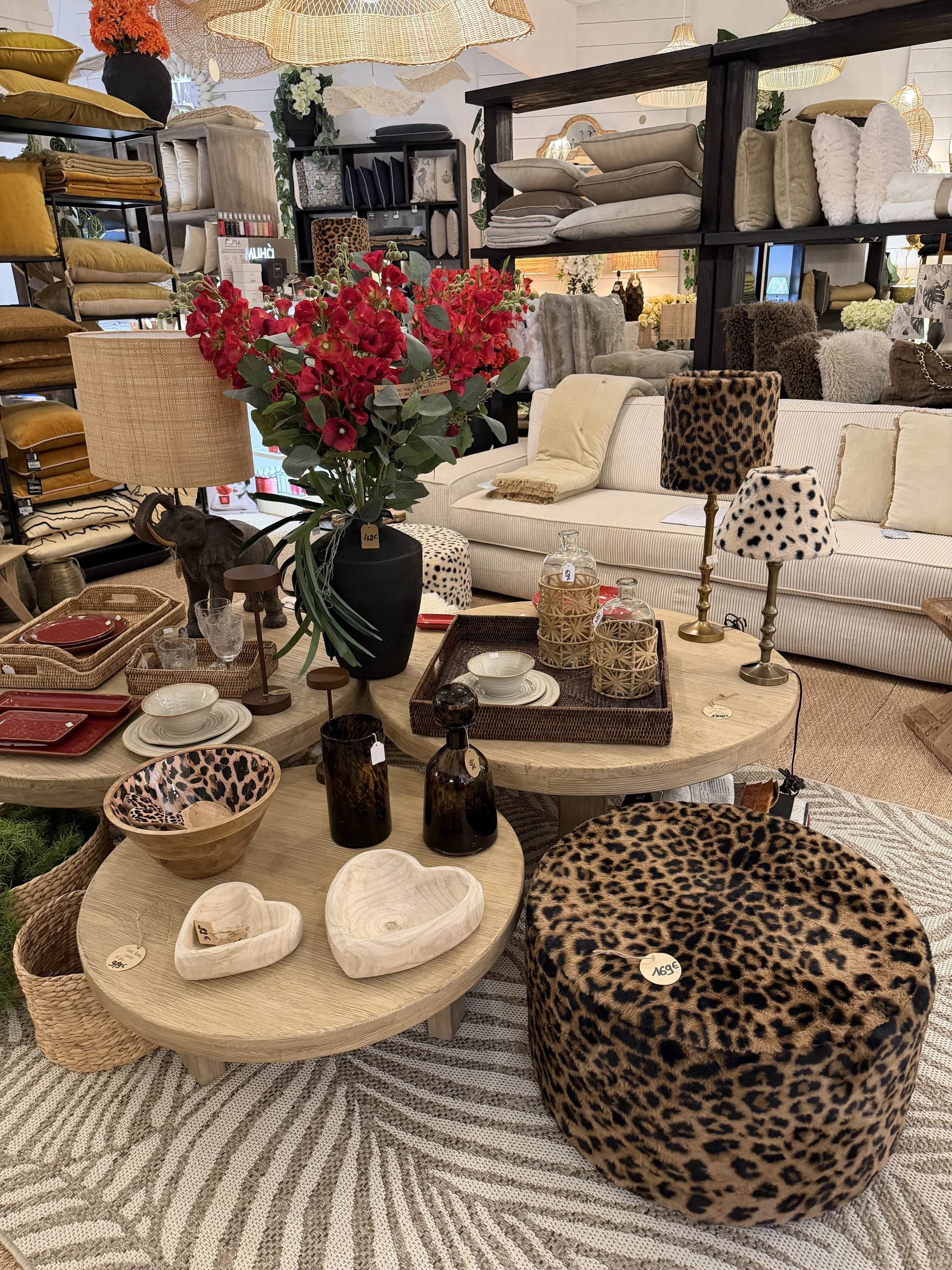 Intérieur d'un magasin de décoration avec des meubles, des lampes, des coussins, une grande plante avec des fleurs rouges, et plusieurs objets décoratifs en bois, verre et tissu, notamment un pouf à motif léopard.