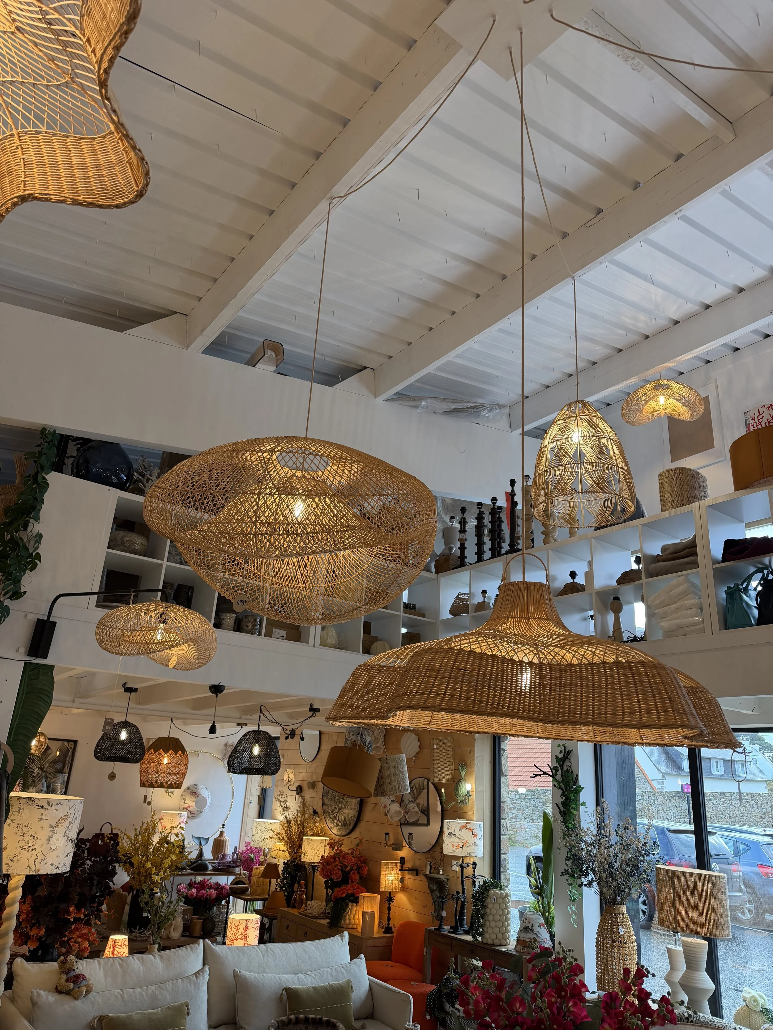 Un intérieur de magasin ou de showroom décoré avec des lampes en osier suspendues, des meubles, des plantes et des objets décoratifs.