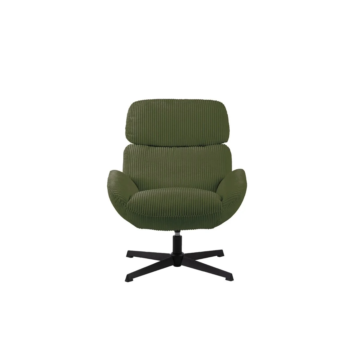 Fauteuil de bureau vert en tissu côtelé avec un dossier élevé et un support central noir, sur une base à roulettes.