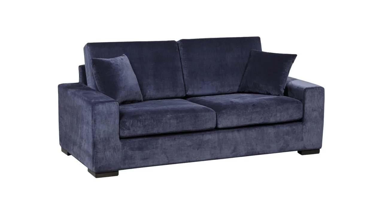 Un canapé en velours bleu foncé avec deux coussins assortis.