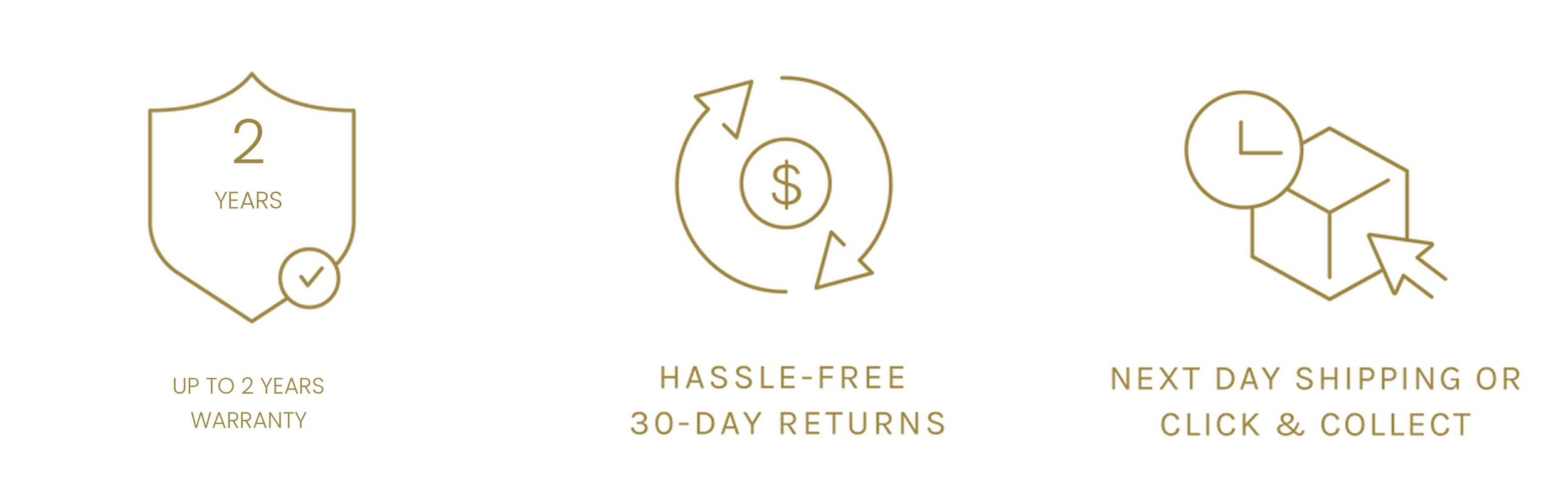 Three icons with text highlighting warranty, return policy, and shipping options. The first icon is a shield with '2 Years' and a check mark, indicating up to 2-year warranty. The second is a dollar sign with circular arrows, indicating hassle-free 30-day returns. The third is a clock and box with a cursor, indicating next-day shipping or click and collect.