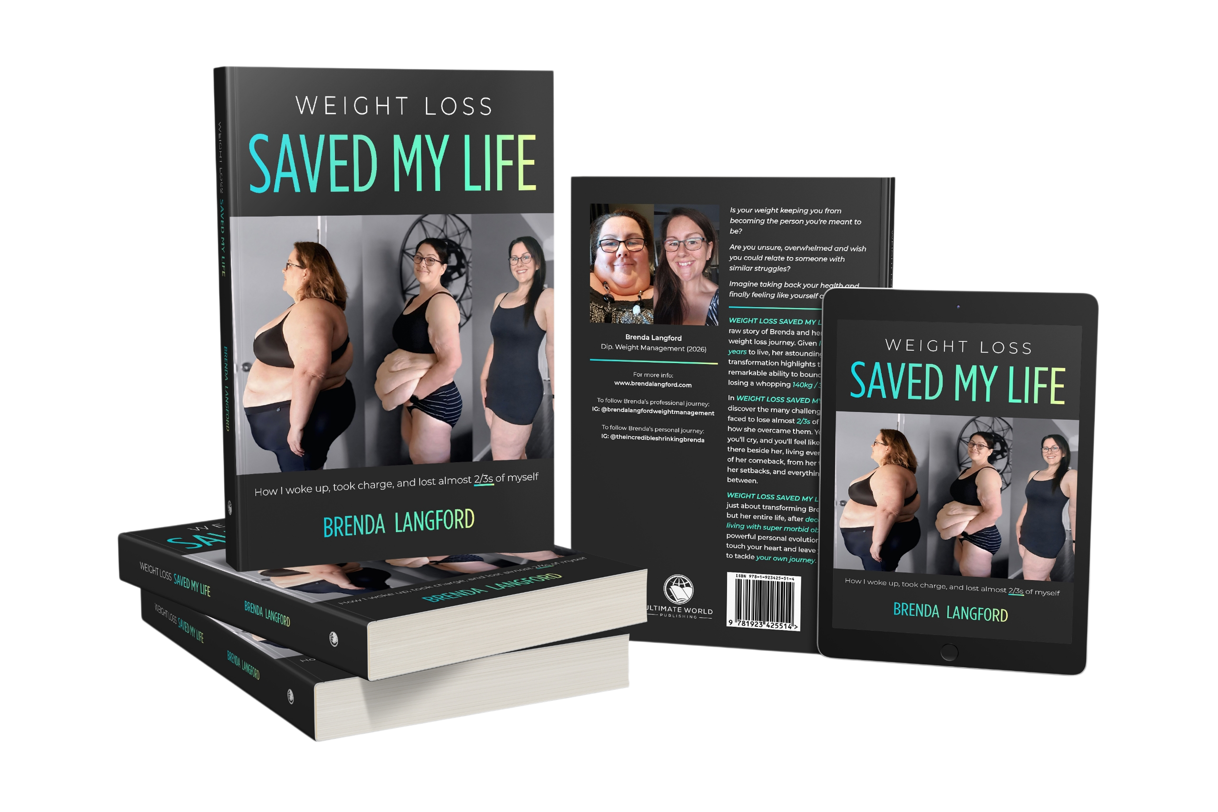 Book titled "Weight Loss Saved My Life" by Brenda Langford, showing before, during, and after photos of a woman's weight loss journey, along with an e-book and a tablet displaying the cover.