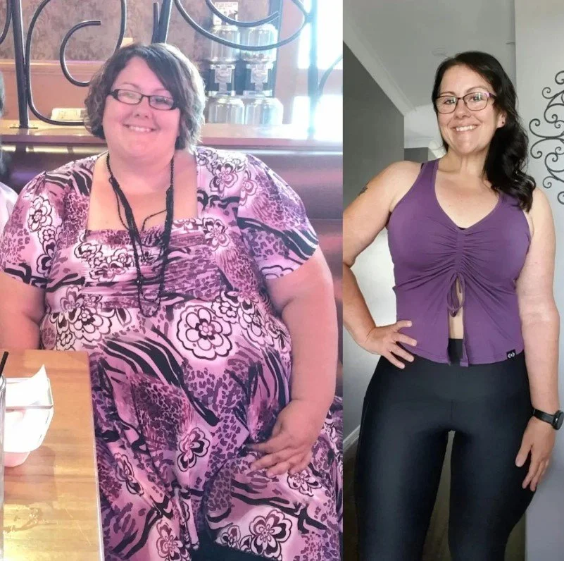 Side-by-side comparison of a woman before and after weight loss. In the left photo, she is sitting at a table in a restaurant, wearing a pink and black patterned dress, glasses, and a necklace. In the right photo, she is standing, wearing a purple sleeveless top and black pants, smiling with her hand on her hip in a casual indoor setting.