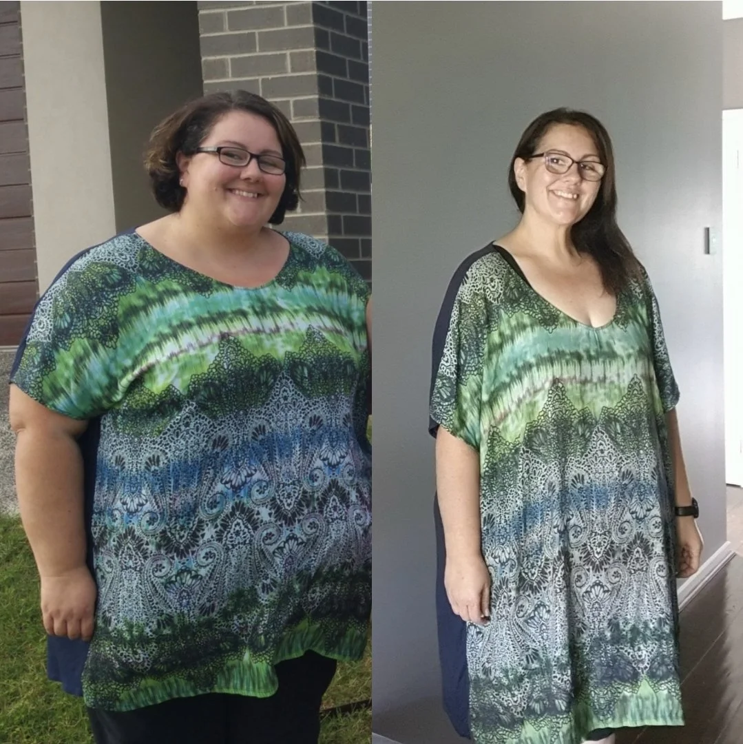 Side-by-side comparison photo of a woman before and after weight loss. She is wearing a colorful patterned dress in both images, smiling, with glasses and dark hair.