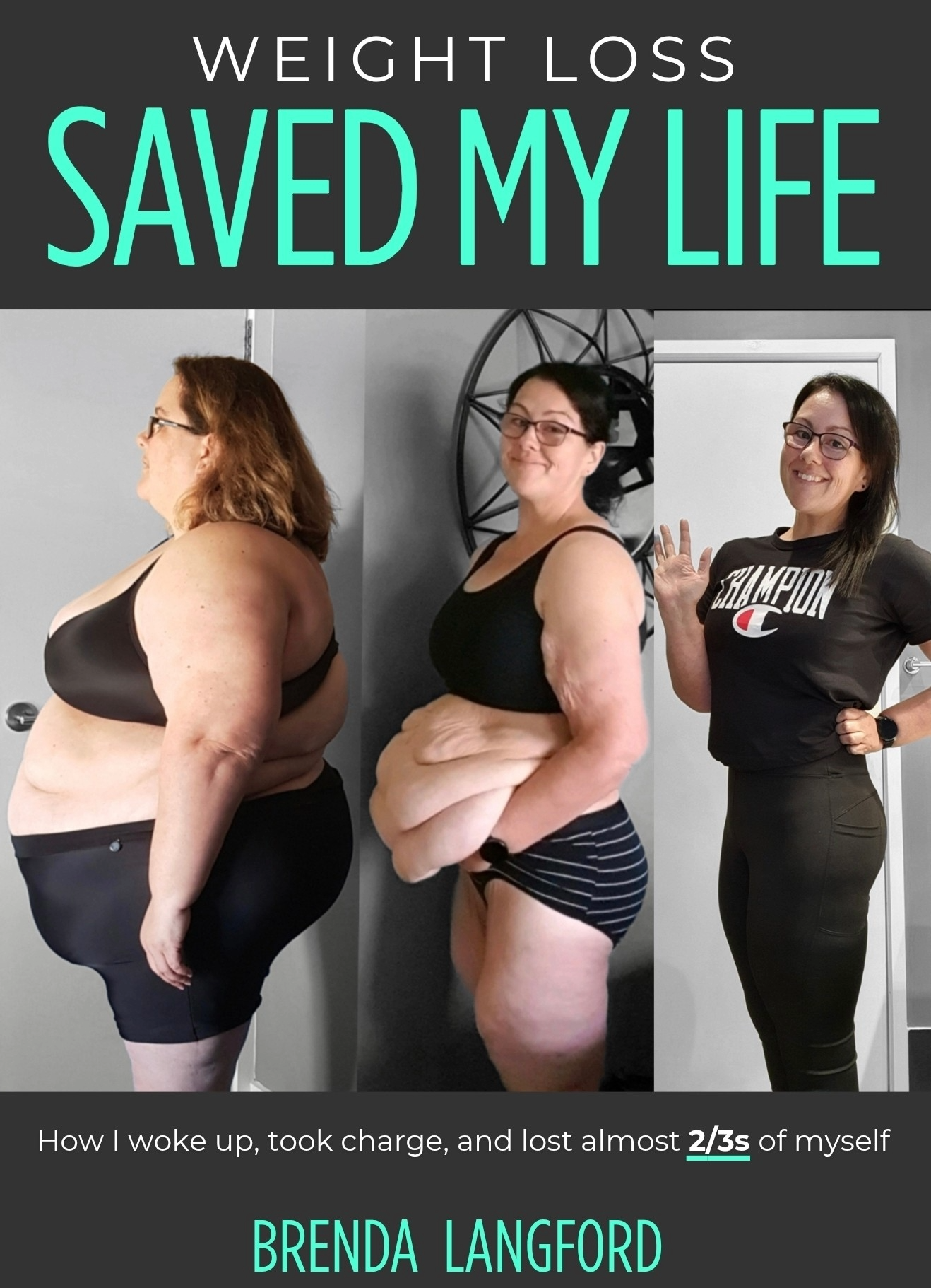 A book cover titled 'Weight Loss Saved My Life' by Brenda Langford. The cover features three side-by-side images of the same woman: the first shows her at the beginning of her weight loss journey, the second shows her during her journey, and the third shows her after losing weight, smiling and posing confidently.