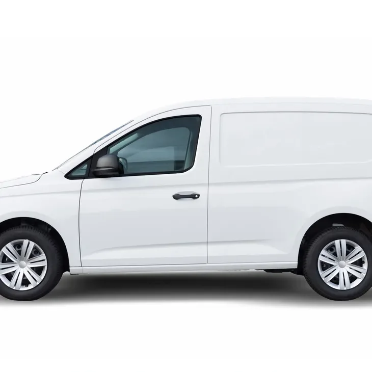 White cargo van with black side mirror and handle, silver wheel covers, isolated on white background.