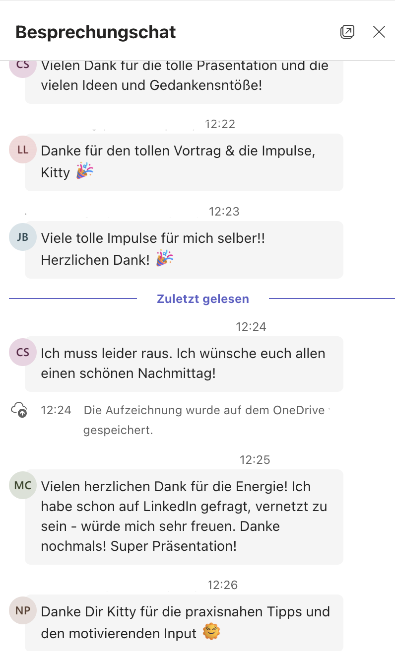 Screenshot eines Chat-Protokolls mit mehreren Nachrichten, in denen sich Personen für eine Präsentation, Impulse und Tipps bedanken, sowie Abschiedsgrüße und gute Wünsche für den Nachmittag. Enthält Emojis wie Partyhüte, Konfetti und einen Löwen.