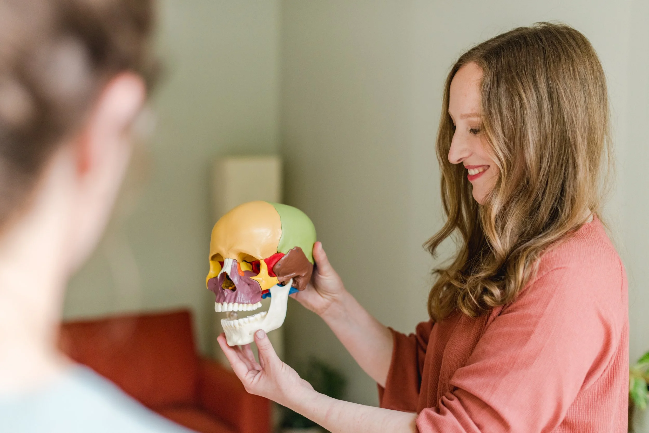 Eine Frau hält eine anatomische Schädelmodell und erklärt es, während sie mit einem Mann in einem Raum steht.