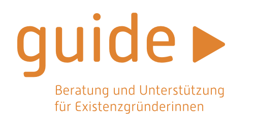 Logo mit orangefarbenem Text 'guide' und einem Pfeil, darunter die Worte 'Beratung und Unterstützung für Existenzgründerinnen'.