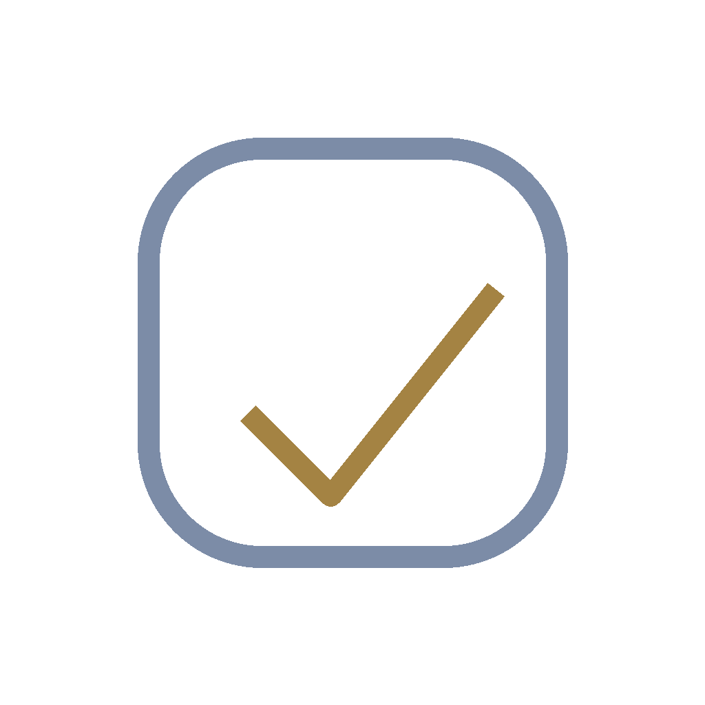 Symbol eines Häkchens in einem quadratischen Rahmen, grau und goldfarben.