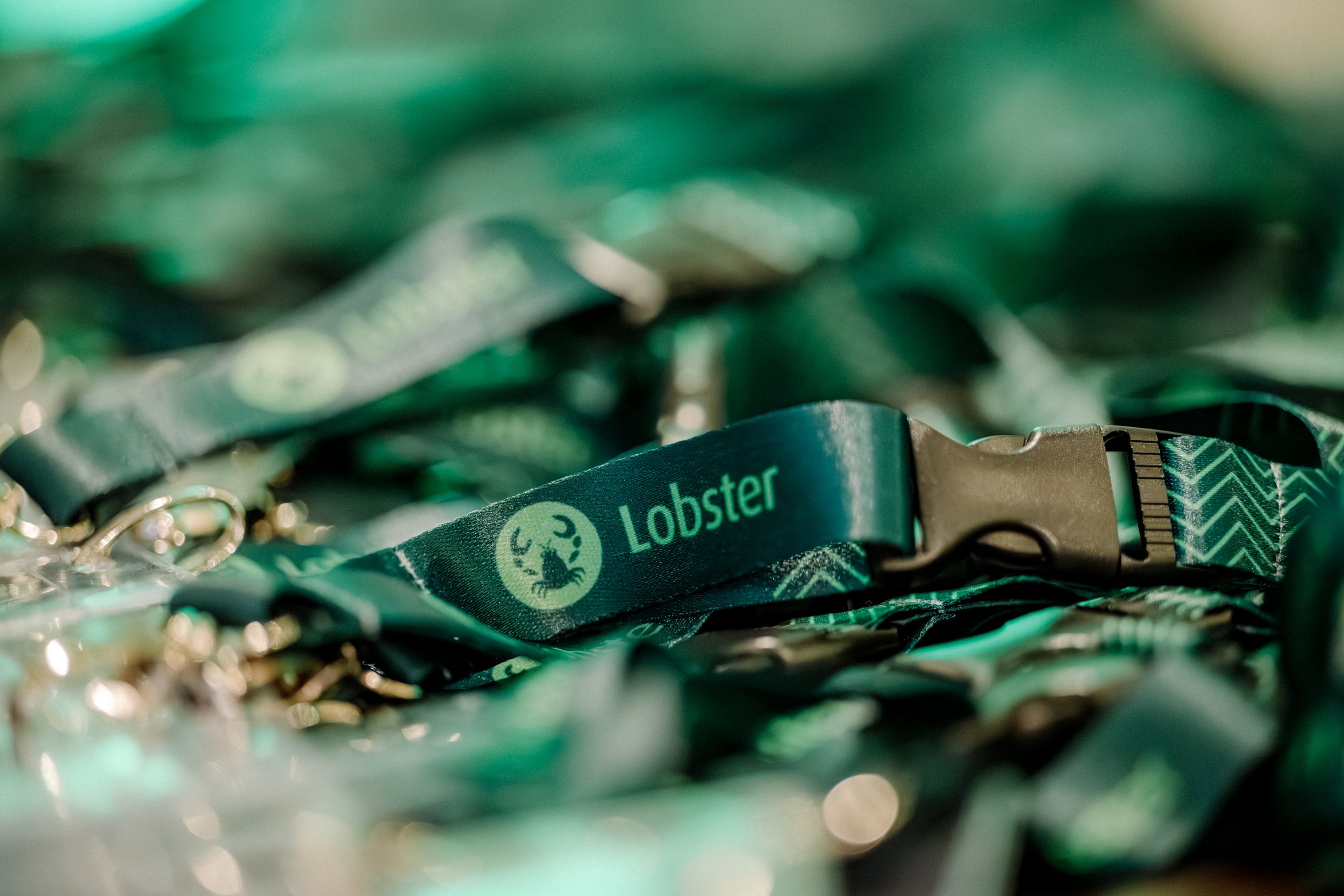 Nahaufnahme von einem grünen Schlüsselband mit dem Wort "Lobster" und einem Krabben-Logo, sowie einer Metallklammer, die befestigt ist.