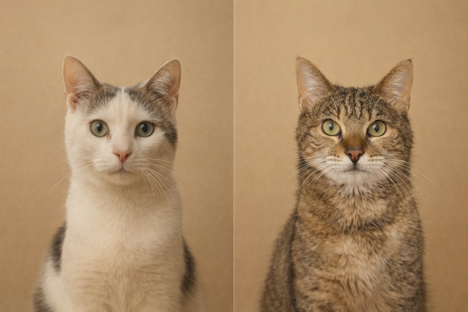 Side-by-side portrait of two cats with neutral beige background, one on the left with white and gray fur, and one on the right with brown tabby coat.