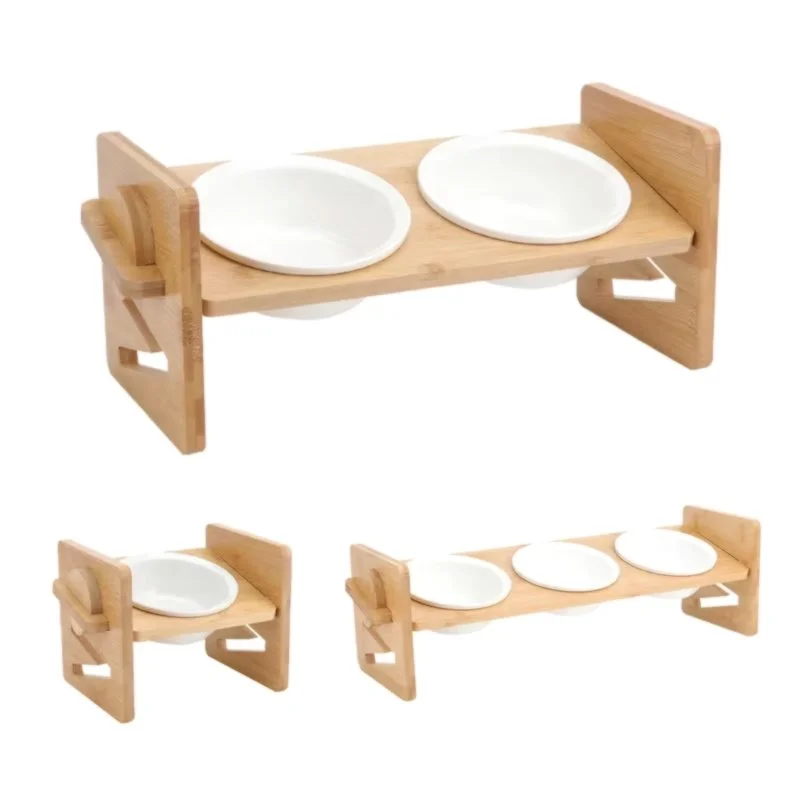 LUNAVA Nourish™ Adjustable Elevated Pet Feeder (Ceramic Bowls) Ergonomic raised feeding station for cats and small dogs.