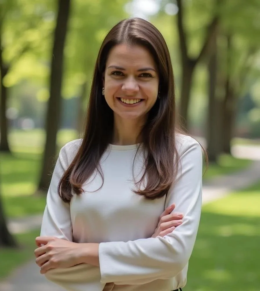 A woman with long brown hair, smiling, wearing a white long-sleeve shirt, standing outdoors in a park with green trees in the background.
