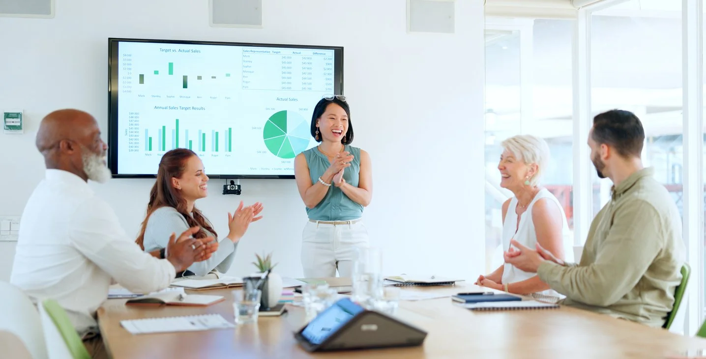 A woman is presenting at a business meeting in a conference room with a large screen displaying charts. Four people are seated around the table, clapping and smiling, in an office with large windows.