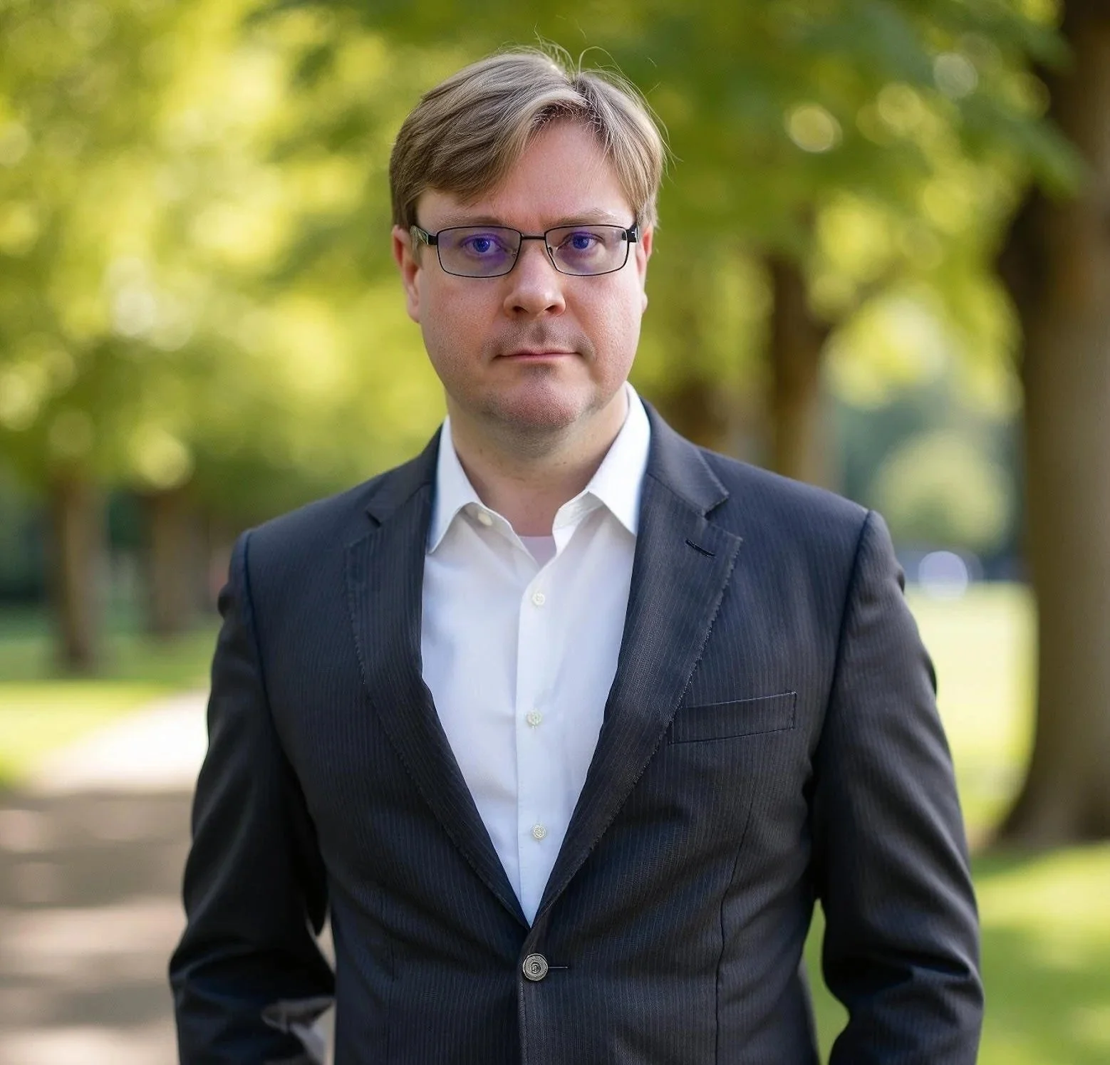 A man in a black suit and white shirt standing outdoors with trees and a park trail in the background.