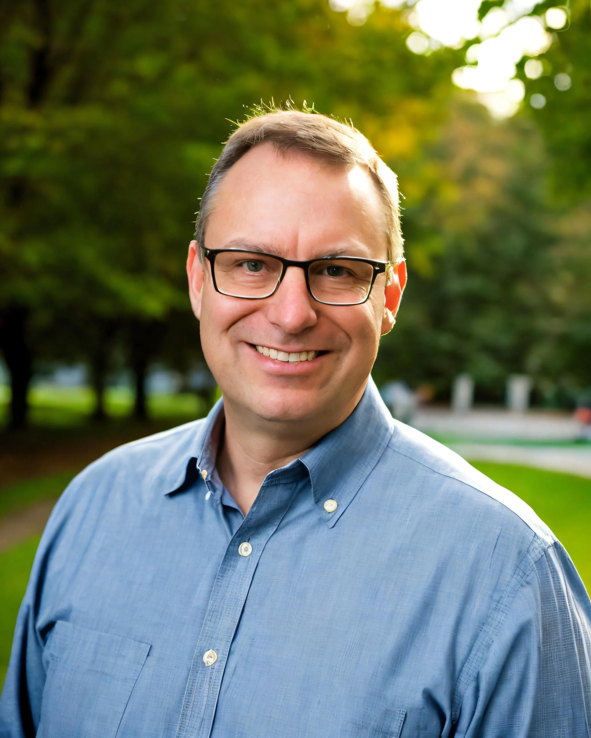 A smiling man with glasses and light brown hair, wearing a blue button-up shirt, outdoors with trees and grass in the background.